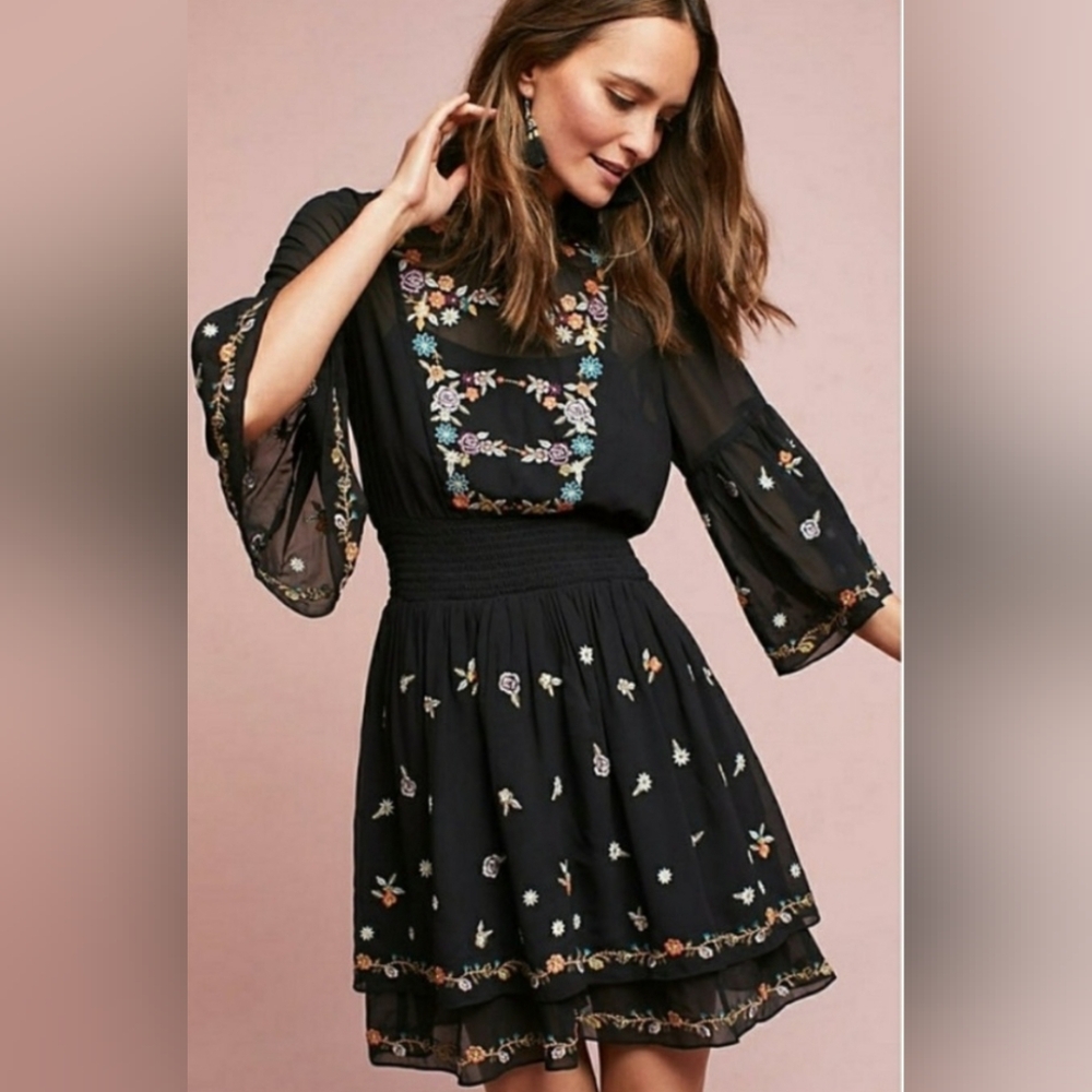 Anthropologie Maeve Embroidered Black Mini Dress with Bell Sleeves